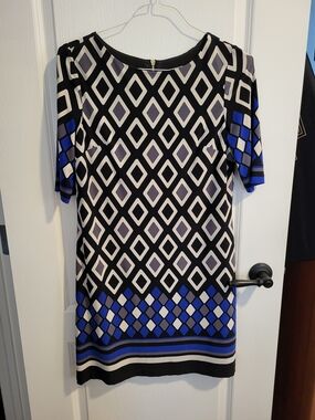 Eliza J Black Dress with Cream and Blue Geometric Print
